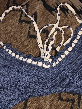 Xhilaration Navy Blue Crochet Bikini Top with White Polka Dot Straps